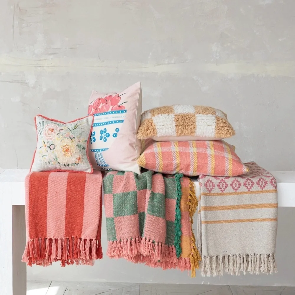 Creative Co-Op Woven Cotton Blend JacquardThrow with Pattern,Stripes and Tassels